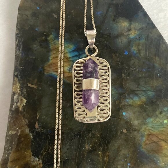 Sterling Silver 925 Double Point Amethyst Snake Scrollwork Pendant Necklace 18" - Picture 1 of 16